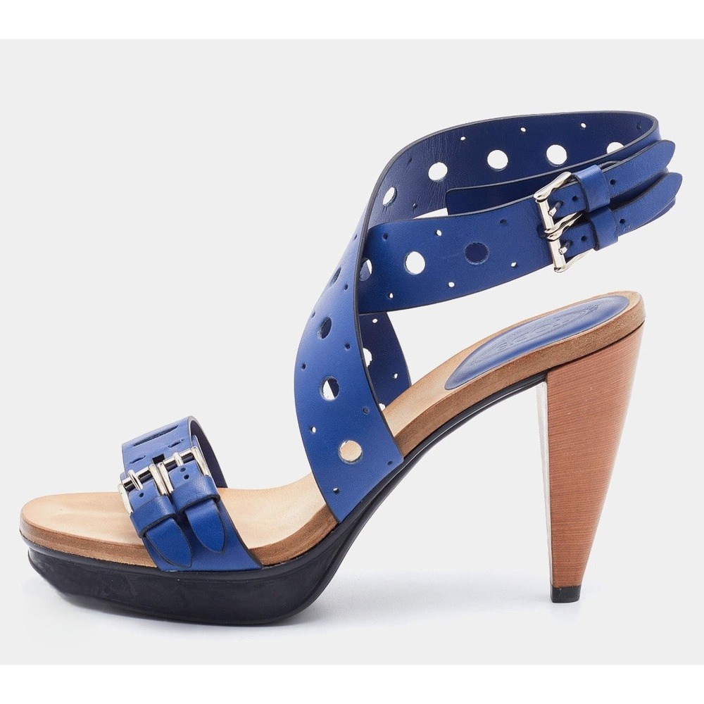 Tods Blue Leather Perforated Buckle Platform Sandals Heels 37.5 Made in Italy